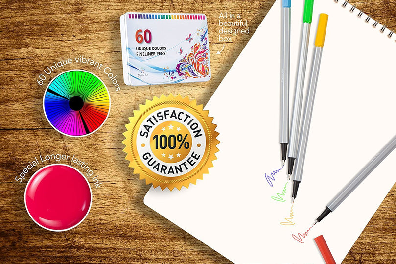 Positive Art Fineliner Coloring Pen Set 60 Unique Colors with Metal Case